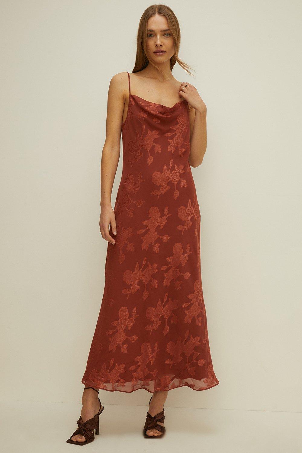 Dresses, Floral Satin Burnout Cowl Neck Slip Dress