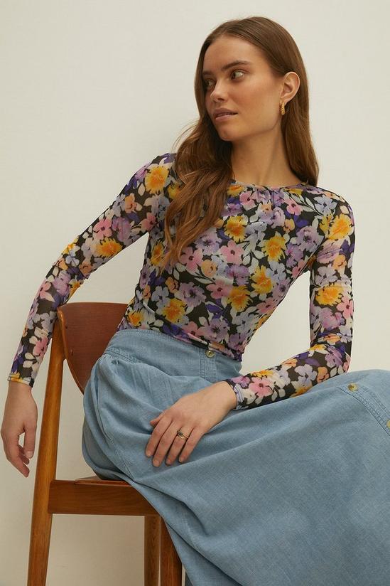Oasis Floral Print Gathered Crew Neck Mesh Top 1