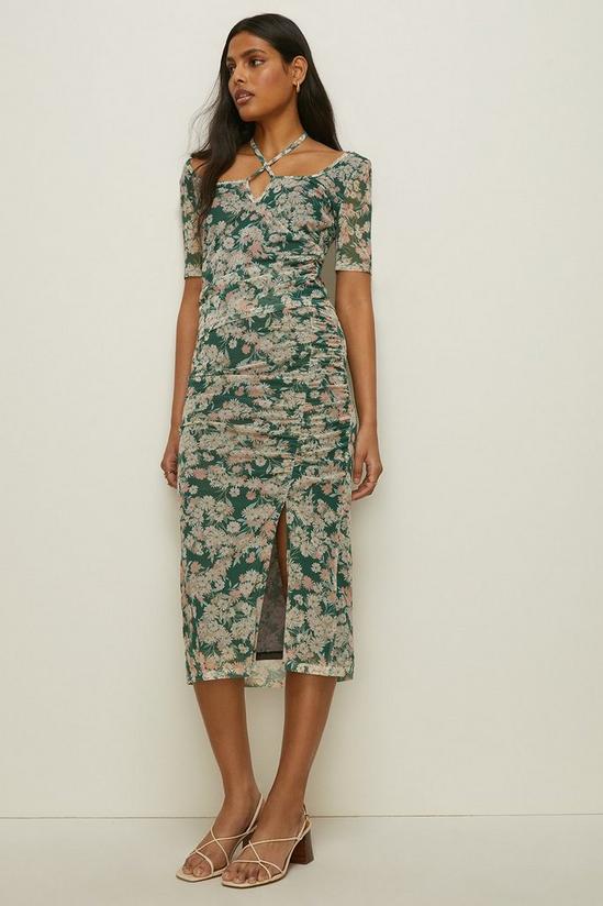 Oasis Floral Print Mesh Ruched Side Midi Skirt 1