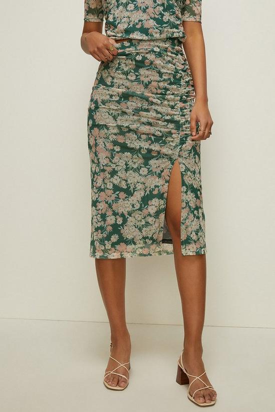 Oasis Floral Print Mesh Ruched Side Midi Skirt 2