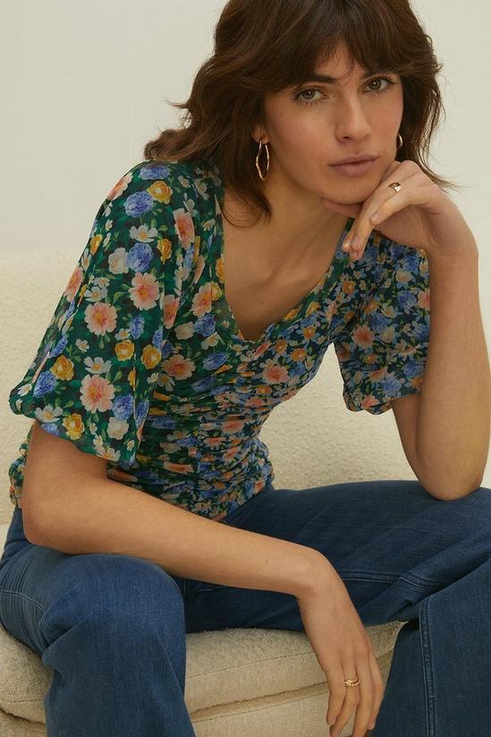 Oasis Floral Patched Ruched Front Mesh Top 1