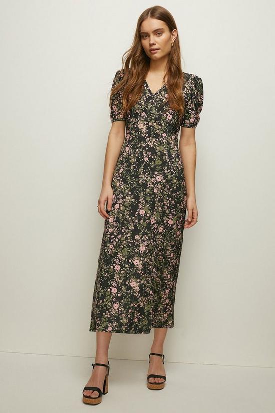 Oasis Slinky Jersey Floral Printed Ruched Sleeve Midi Dress 1