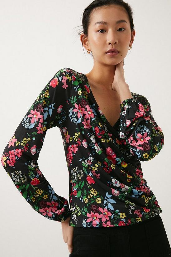 Oasis Slinky Jersey Floral Printed Jersey Wrap Ruched Top 1