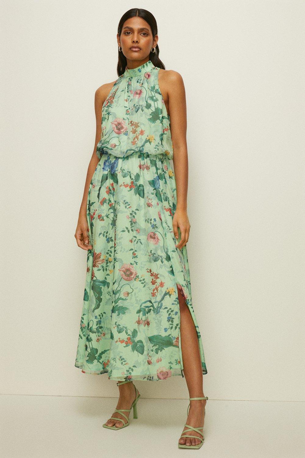 Green floral halter neck dress sale