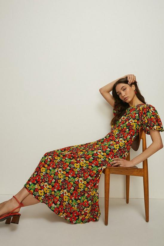Oasis Pansy Floral Puff Sleeve Midi Dress 1