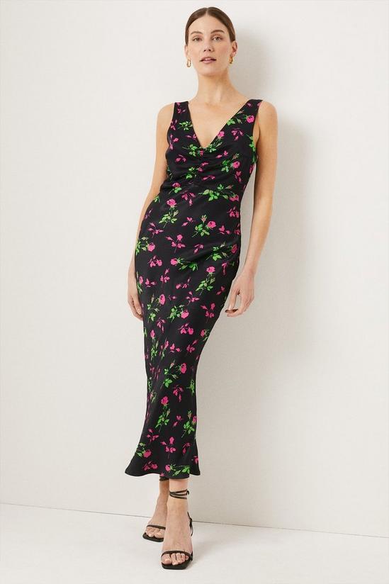 Oasis Rose Print Ruched Front 90s Midi Dress 1