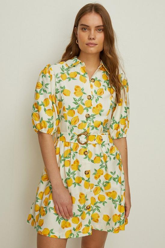 Oasis Lemon Printed Linen Look Belted Skater Dress 1