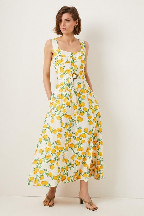 Oasis Lemon Printed Linen Look Belted Midi Dress 1