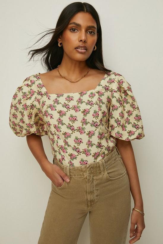 Oasis Linen Mix Ditsy Printed Puff Sleeve Top 1