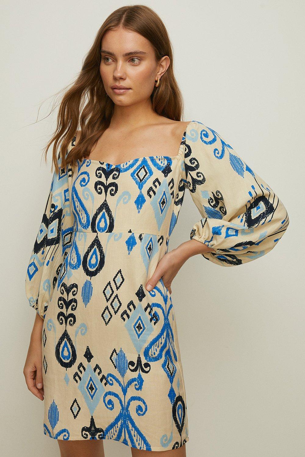 Dresses Linen Mix Ikat Printed Bardot Dress Oasis