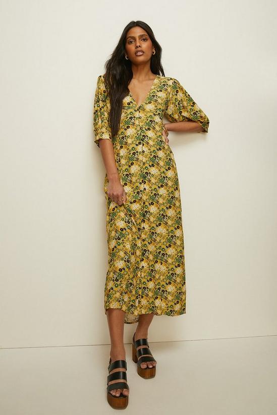 Oasis Meadow Floral Puff Sleeve Button Midi Dress 1