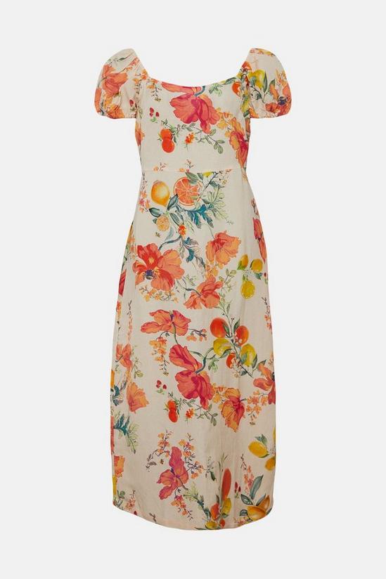 Oasis Linen Mix Ruched Sleeve Fruit Printed Dress 4