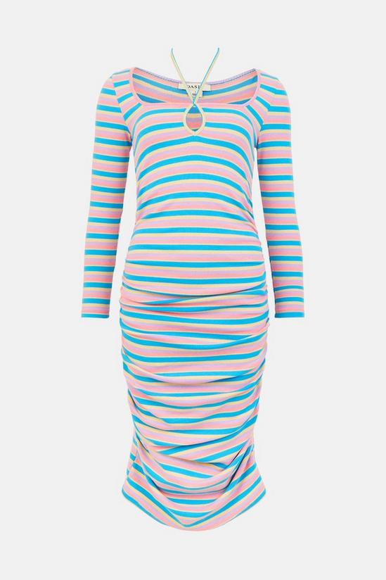 Oasis Petite Stripe Rib Tie Neck Ruched Midi Dress 4