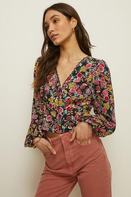 Oasis Lace Trim Floral Print Button Blouse 1