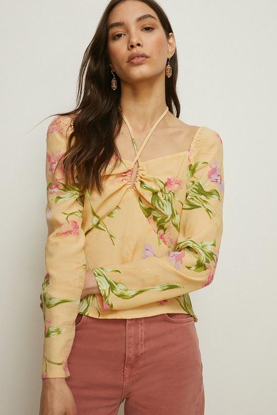 Oasis Keyhole Tie Detail Floral Puff Sleeve Top 1
