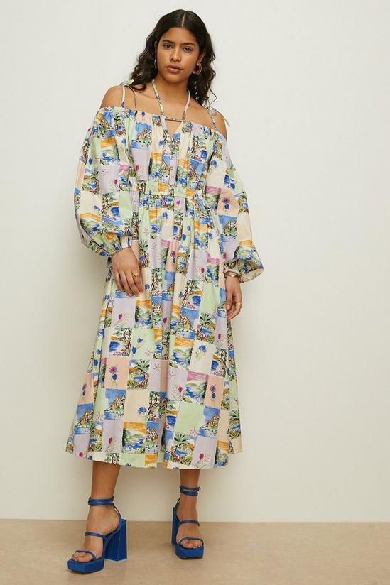 Oasis Postcard Printed Strappy Bardot Midi Dress 2