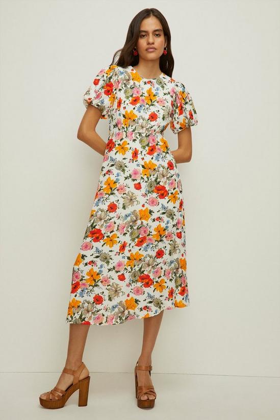 Oasis Watercolour Floral Puff Sleeve Midi Dress 1