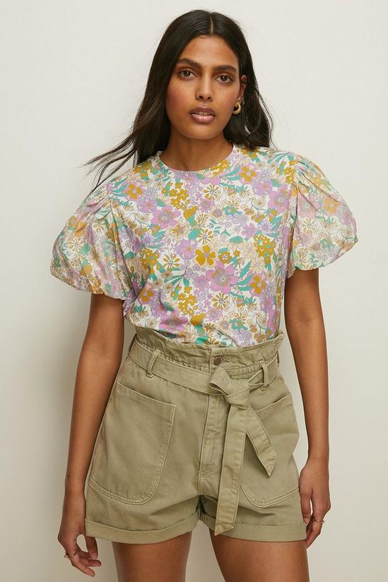 Oasis Floral Print Woven Mix Puff Sleeve T Shirt 1