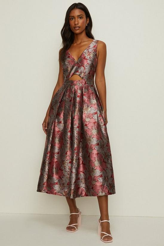 Oasis V Neck Floral Jacquard Pleated Midi Dress 1