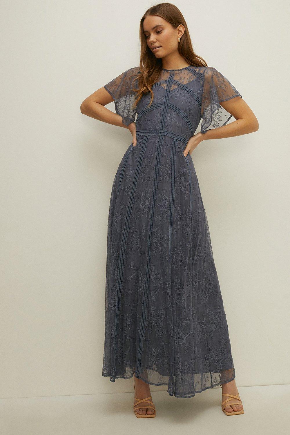 Petite Premium Delicate Lace Maxi Bridesmaids Dressslate blue
