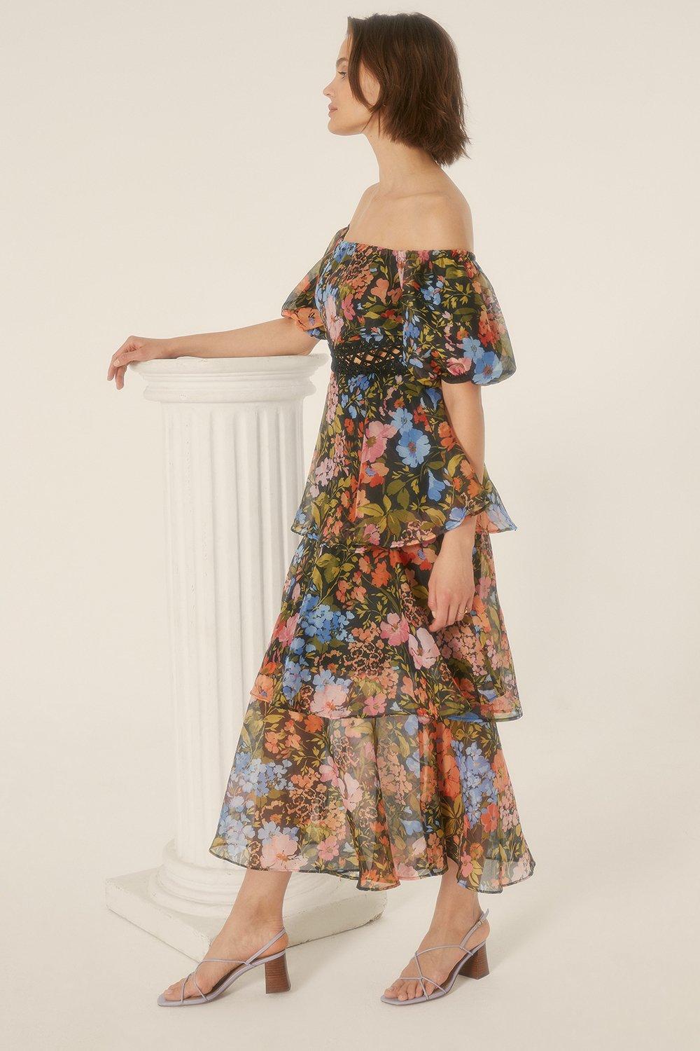 Floral Bardot Organza Tiered Midi Dress