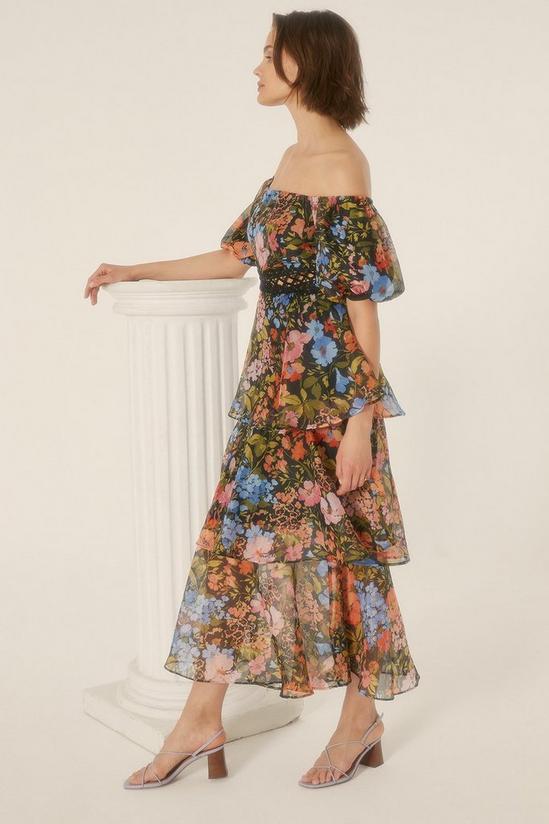 Oasis Floral Bardot Organza Tiered Midi Dress 1