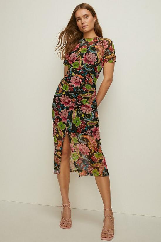 Oasis Paisley Floral Mesh Ruched Midi Dress 1