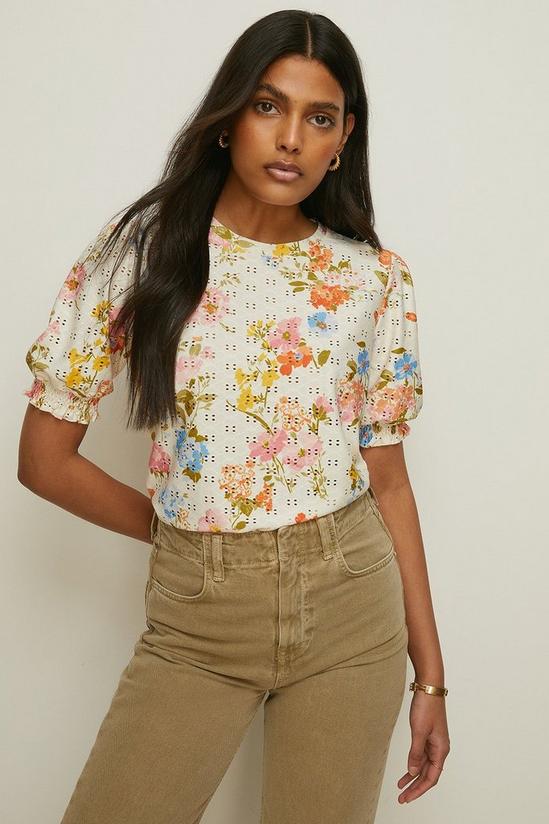Oasis Floral Printed Broderie Shirred Cuff Top 2