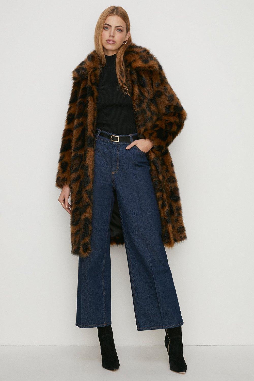 Jackets And Coats Rachel Stevens Collared Longline Animal Faux Fur Coat