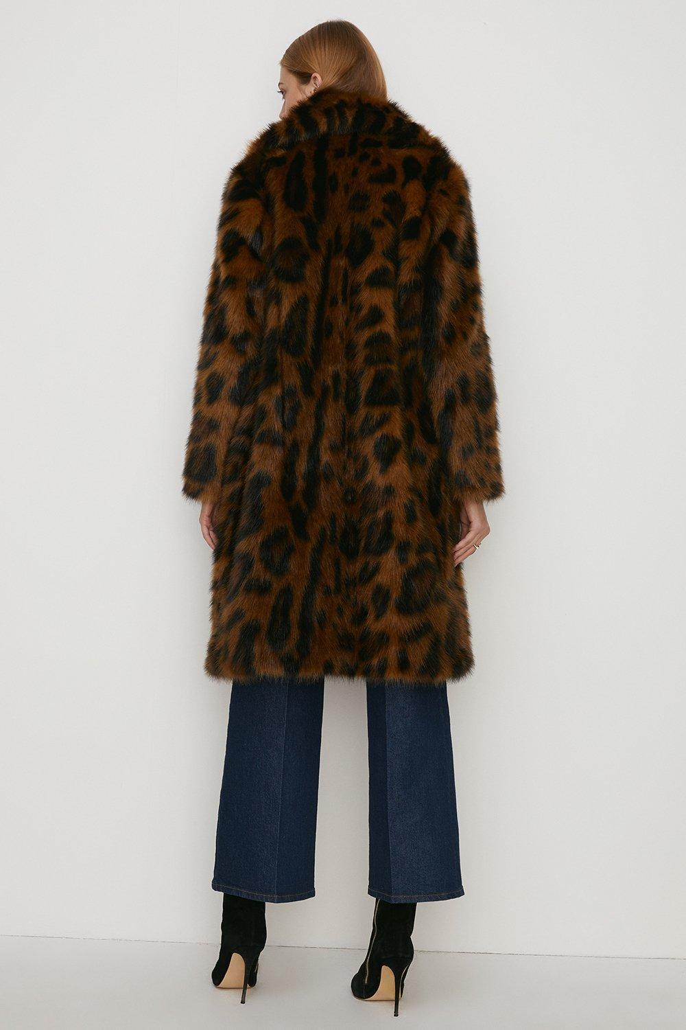 Rachel Stevens Collared Longline Animal Faux Fur Coat