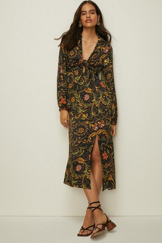 Oasis Swirl Floral Print Tie Front Satin Midi Dress 1