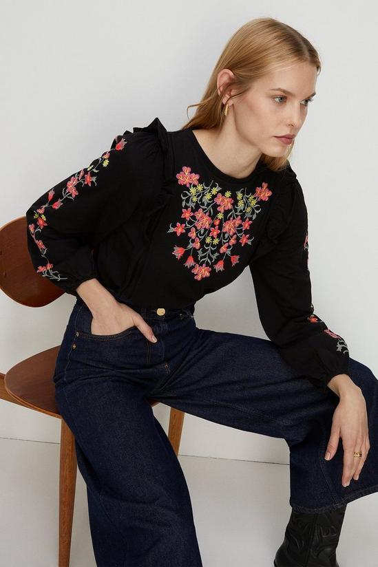 Oasis Jersey Crepe Embroidered Ruffle Detail Top 2