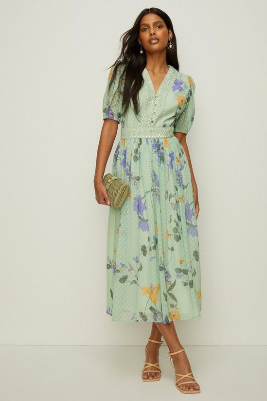 Oasis Floral Dobby Chiffon Lace V Neck Midi Dress 1