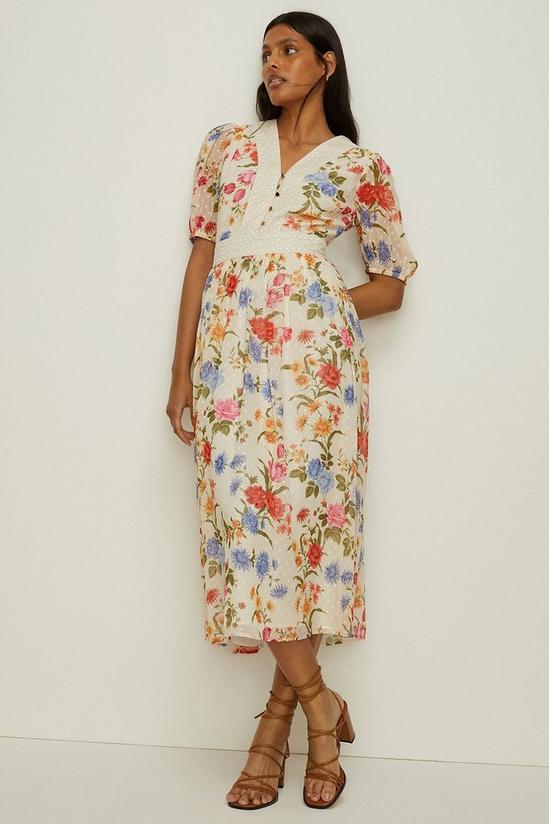 Oasis Floral Dobby Chiffon Lace V Neck Midi Dress 1