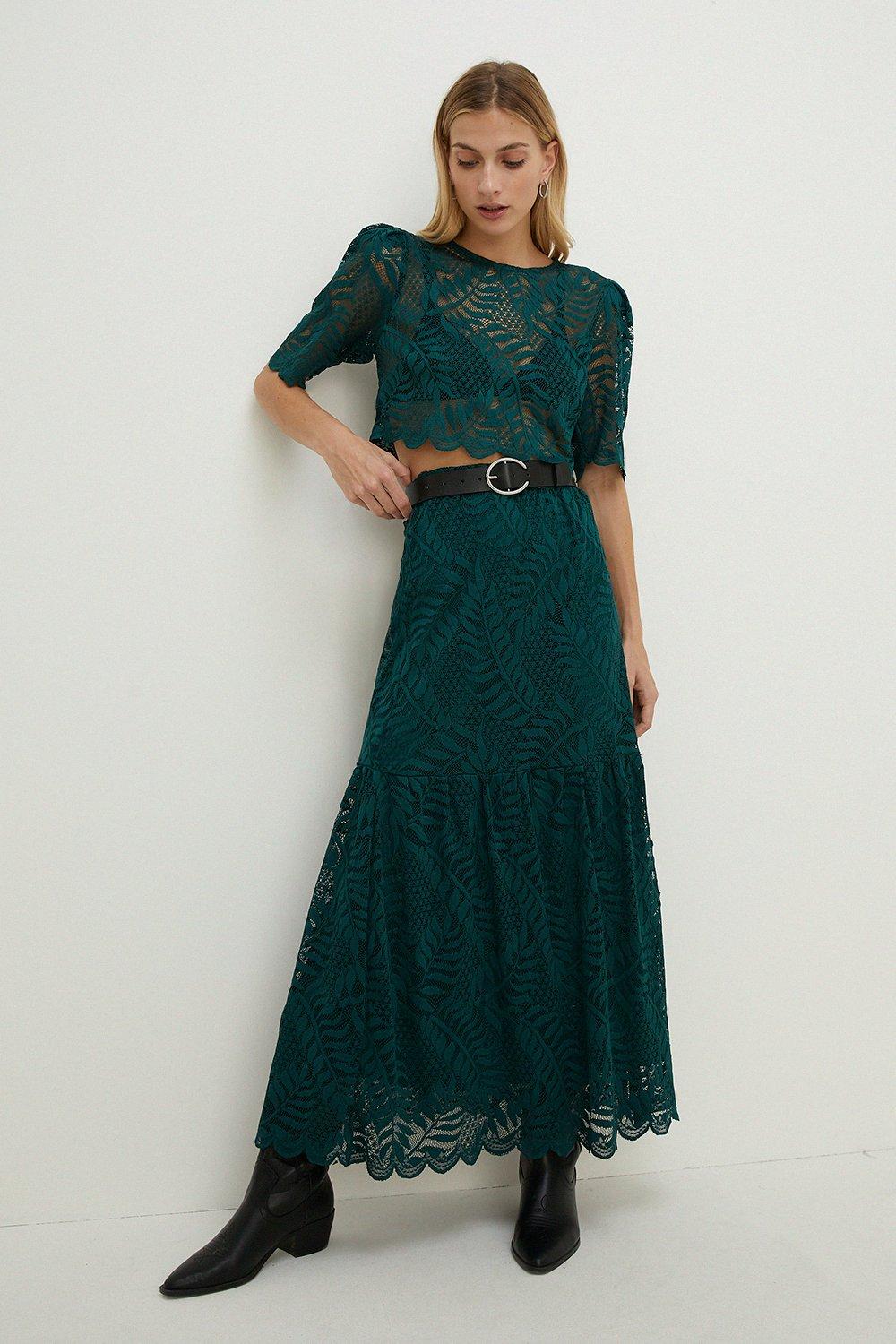 Lace Scalloped Hem Tiered Skirt Co-orddark green
