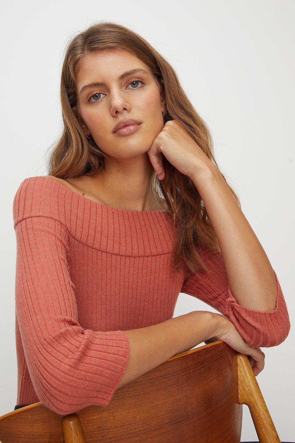Jumpers Cardigans 3 4 Sleeve Rib Bardot Knit Jumper Oasis