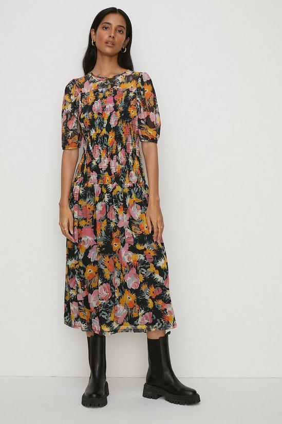 Oasis Floral Mesh Shirred Bodice Midi Dress 2