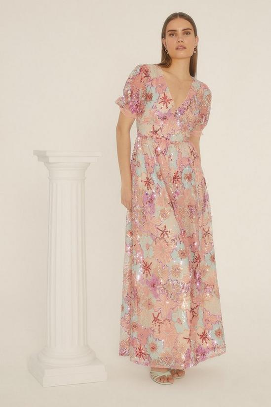 Oasis Sequin Embroidered Floral Mesh V Neck Maxi Dress 1