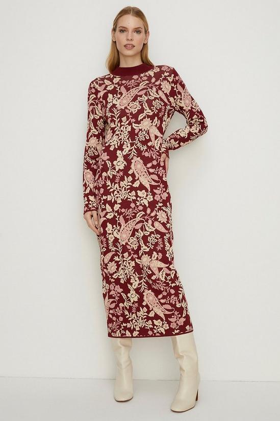 Oasis Paisley Jacquard Tie Back Knitted Midi Dress 1