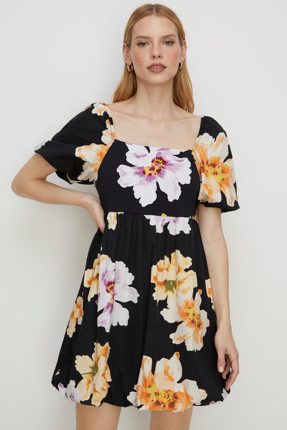 Floral Woven Mix Puff Sleeve Mini Dress