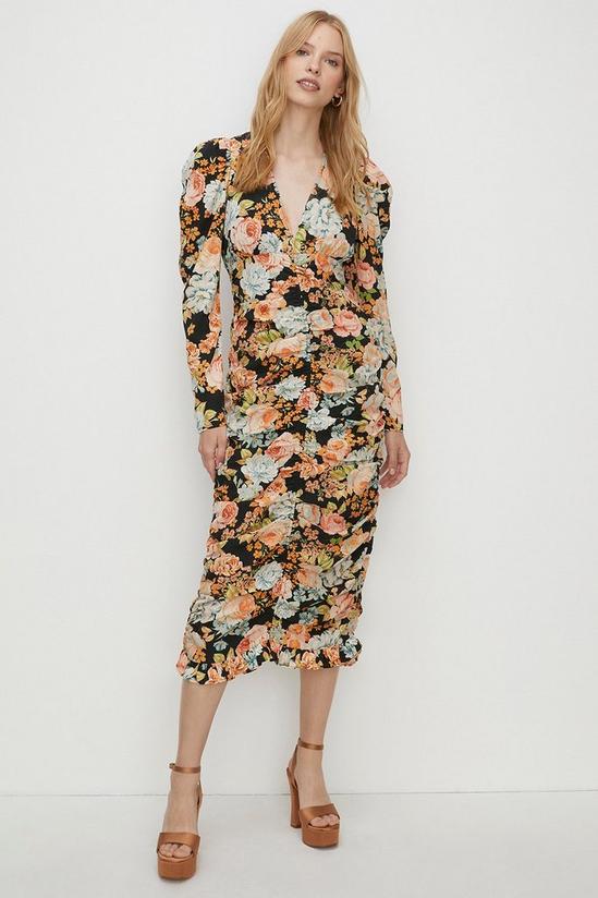 Oasis Petite Bold Floral All Over Ruched Midi Dress 1