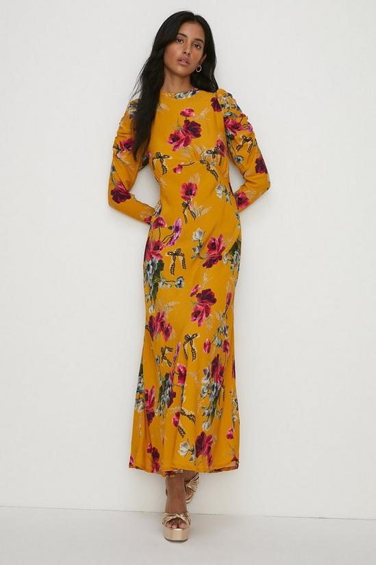 Oasis Ruched Long Sleeve Large Floral Midi Dress 1