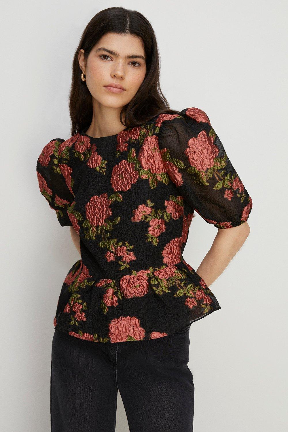 Tops | Floral Peplum Jacquard Top | Oasis