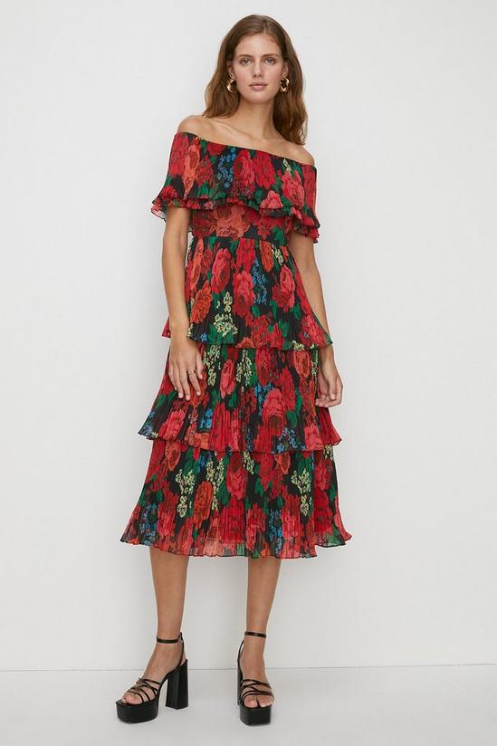 Oasis Floral Bardot Organza Tiered Midi Dress 1