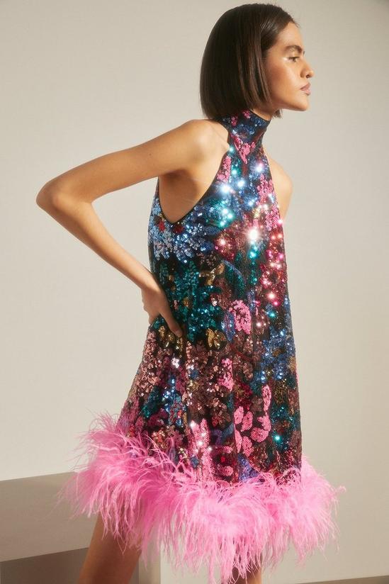 Oasis Sequin Feather Trim Halter Mini Dress 2