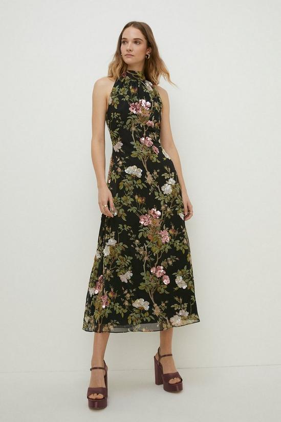 Oasis Dark Sequin Floral Halter Neck Midi Dress 1
