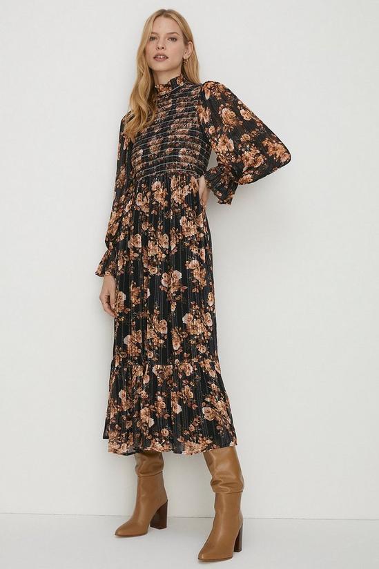 Oasis Shirred Shimmer Floral Midi Dress 2