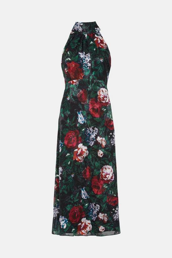 Oasis Dark Floral Satin Burnout Halter Midi Dress 4