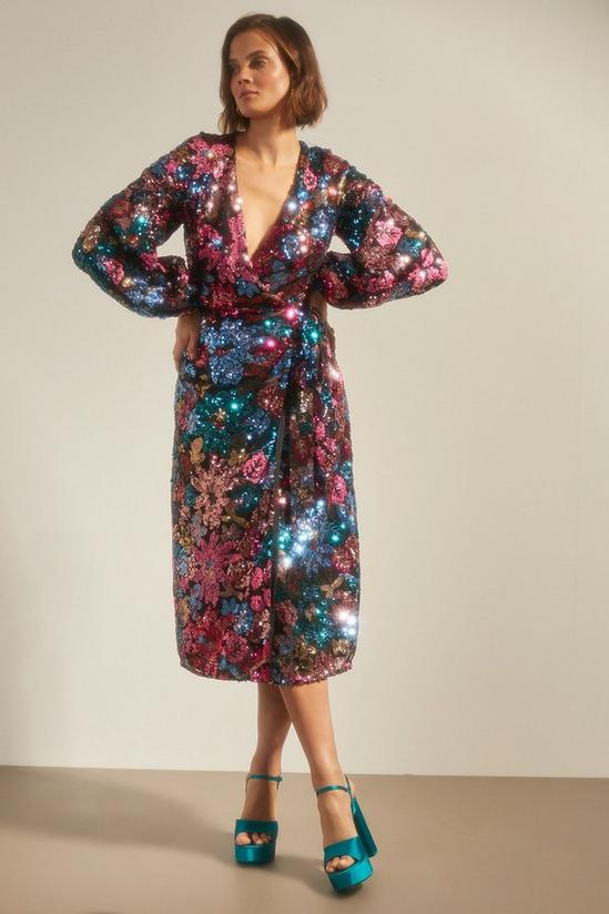 Oasis Colour Pop Sequin Floral Wrap Midi Dress 2