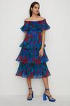 Oasis Floral Bardot Pleated Organza Tiered Midi Dress thumbnail 1